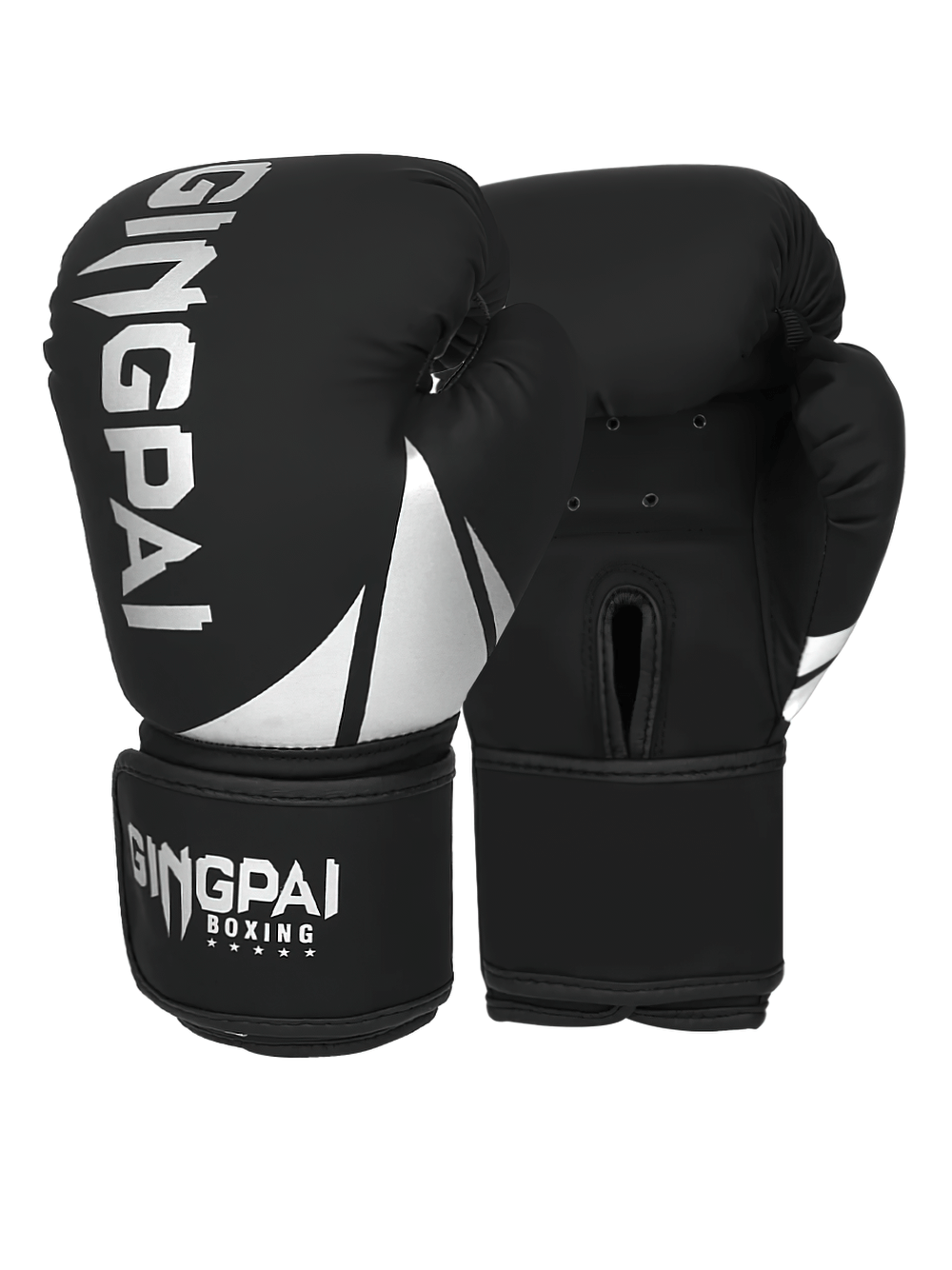 Black PU leather boxing gloves with palm vents for airflow, ideal for training. Durable with hook-and-loop closure. Unisex.